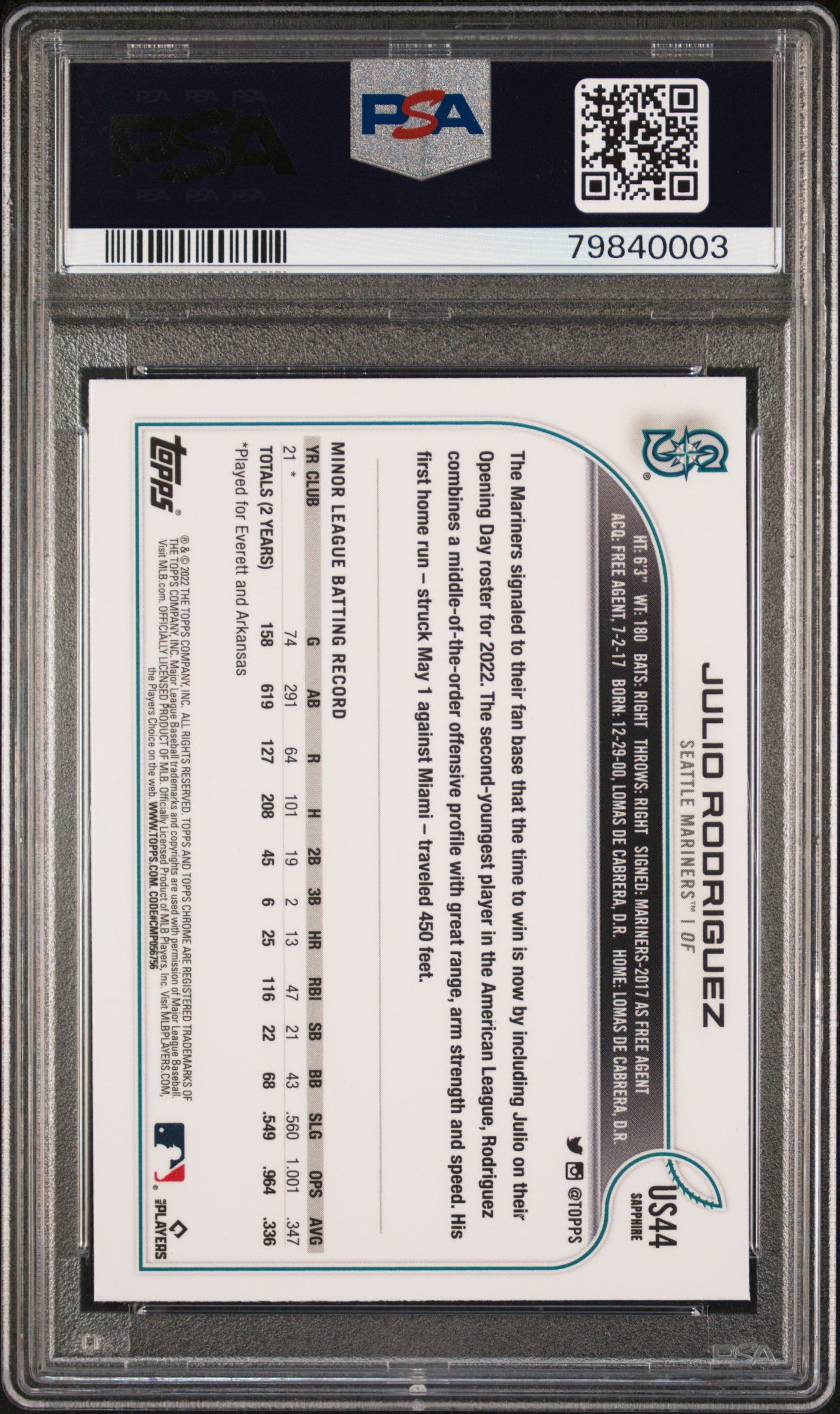 2022 Topps Chrome Sapphire Julio Rodriguez PSA 9